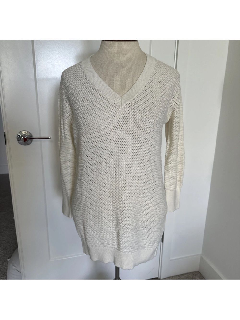 Theory Womens Cashmere & Cotton V-Neck Pullover Sweater Top Cream Size S